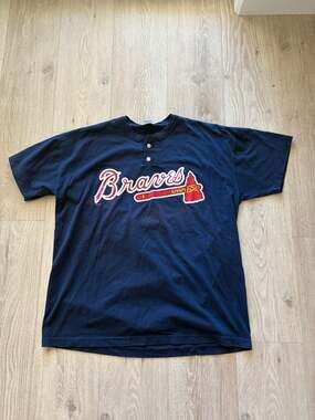Vintage 90s Russell Athletic Atlanta Braves Navy 2-Button Henley T-Shirt